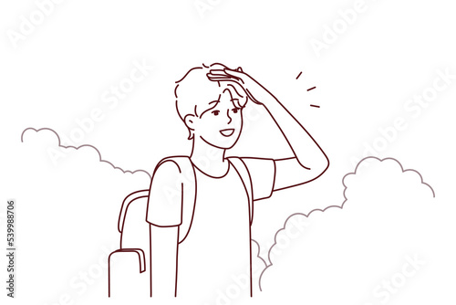Young man with backpack stand in bushes looking for road. Millennial guy traveler get lost in park searching way out. Travel and navigation. Vector illustration. 