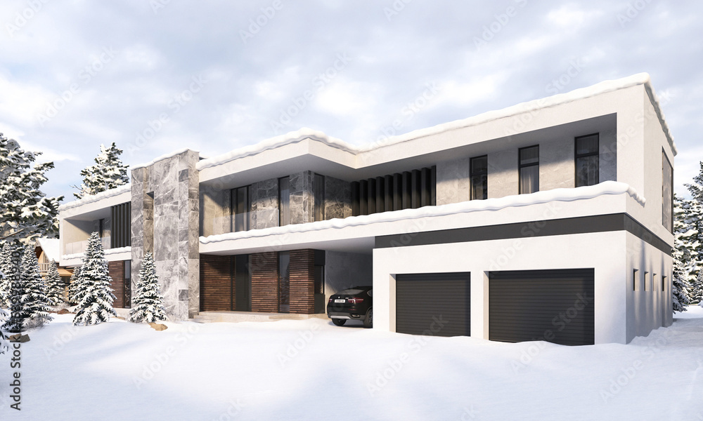 3D rendering of a modern villa in winter. Snow on the site near the house. Villa with panoramic windows and a large terrace 3D rendering of a modern villa in winter. Snow on the site near the house. Villa with panoramic windows and a large terrace