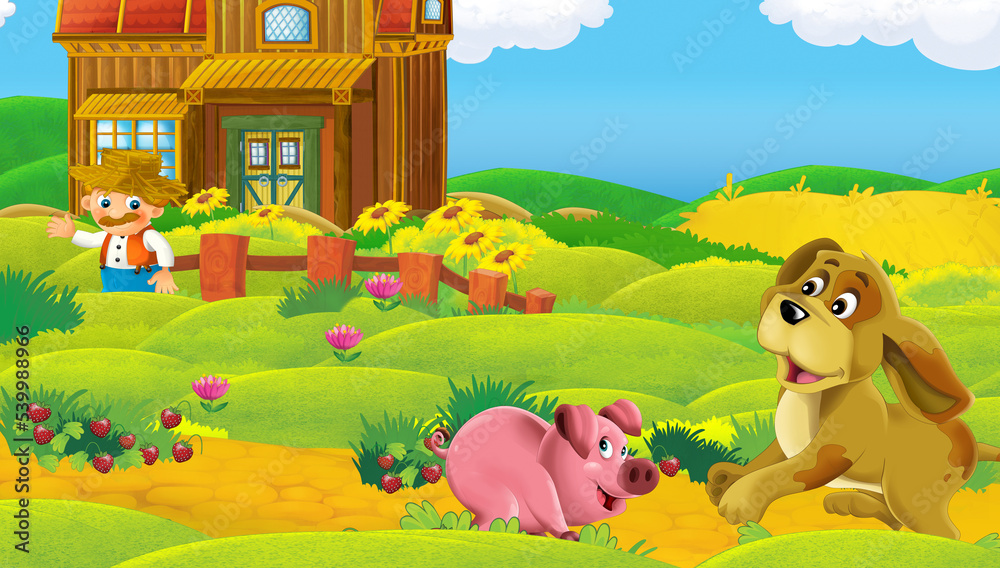 Naklejka premium cartoon scene with farm ranch animal near wooden barn - illustration