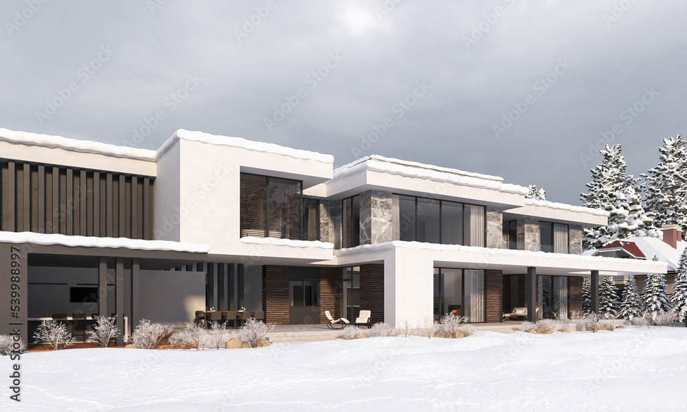 3D rendering of a modern villa in winter. Snow on the site near the house. Villa with panoramic windows and a large terrace