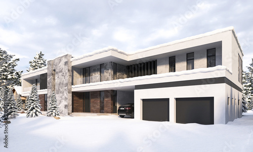3D rendering of a modern villa in winter. Snow on the site near the house. Villa with panoramic windows and a large terrace