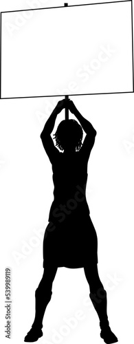 Protestor or demonstrator at a demonstration march, picket line or strike protest rally in silhouette. Holding up a banner or picket sign board placard.