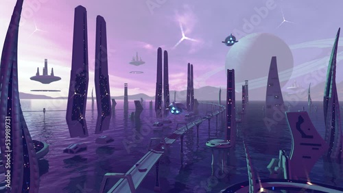 Animation of a fantasy city on alien planet with space ships