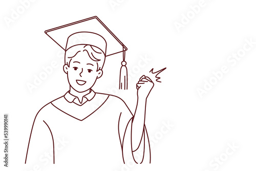Portrait of smiling male student in mantle and hat make yes hand gesture for successful university graduation. Happy guy graduate in robe. Education. Vector illustration. 