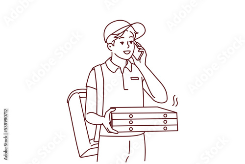 Happy young male deliveryman with pizza boxes calling client on cellphone. Smiling man courier deliver order to customer. Vector illustration.