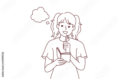 Smiling girl take notes in notebook make plans or dreams. Happy child handwrite in notepad brainstorming or daydreaming. Vector illustration. 