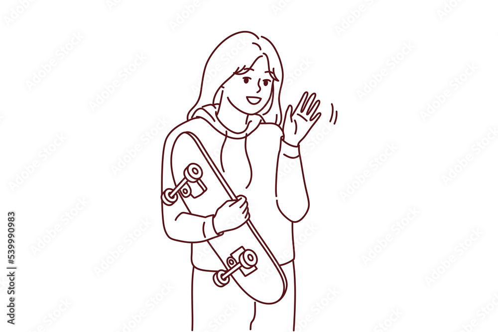 Obraz premium Portrait of smiling millennial girl with skateboard posing outdoors. Happy young woman with board enjoy sport activity. Skateboarder hobby. Vector illustration.