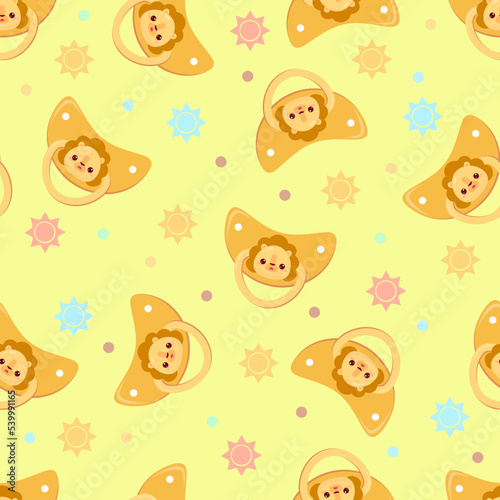 Seamless children s pattern on a yellow background. A dummy with a lion. Pacifier for children.