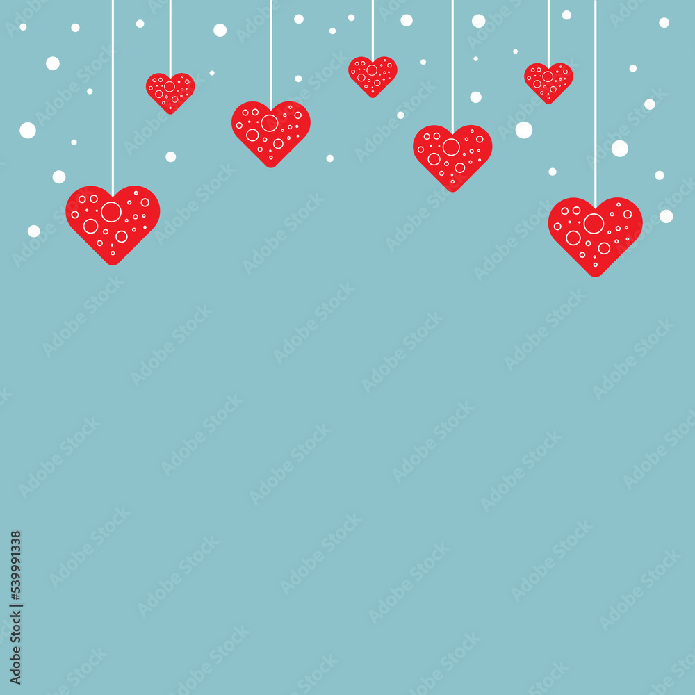 Red decorative hanging hearts on blue background with copy space. Happy Valentine's Day celebration