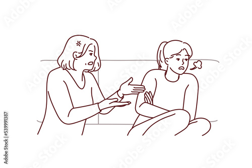 Mature mother scold unhappy grownup daughter at home. Elderly mom lecture stressed annoyed adult girl child. Generation gap. Vector illustration. 