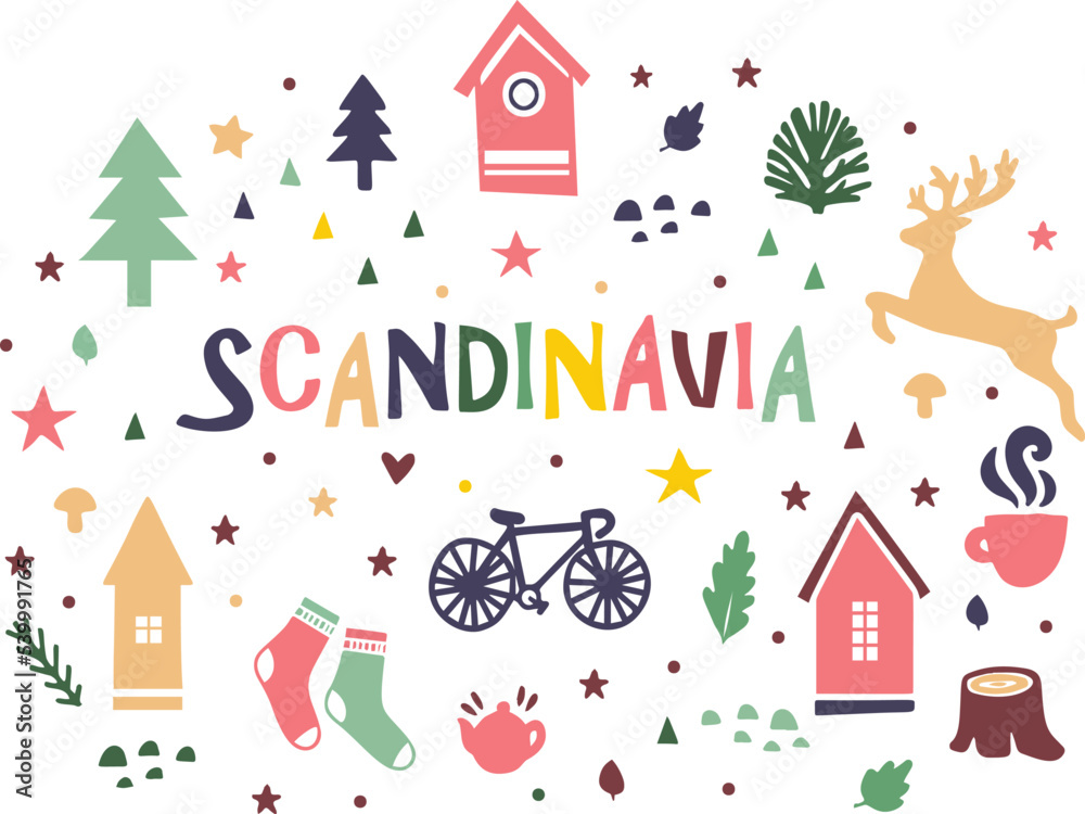 Scandinavia concept pattern in vector. House,
church, birds, deer, bicycle, christmas tree and other symbols Scandinavia concept pattern in vector. House,
church, birds, deer, bicycle, christmas tree and other symbols