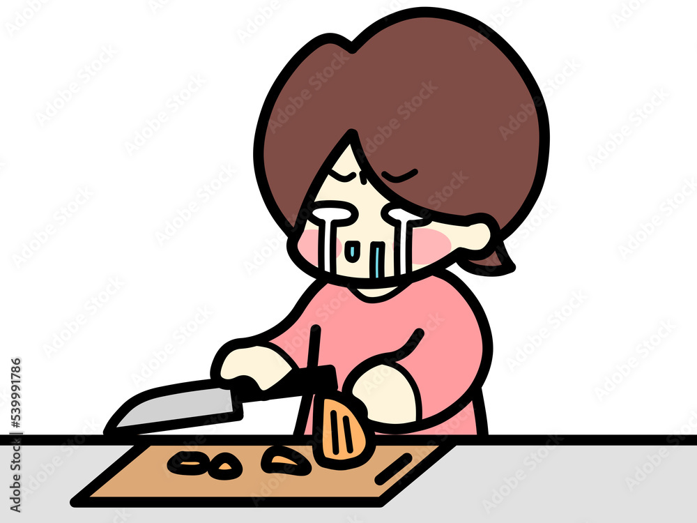 玉ねぎを切り涙と鼻水を垂らす女性のイラスト素材 玉ねぎを切り涙と鼻水を垂らす女性のイラスト素材