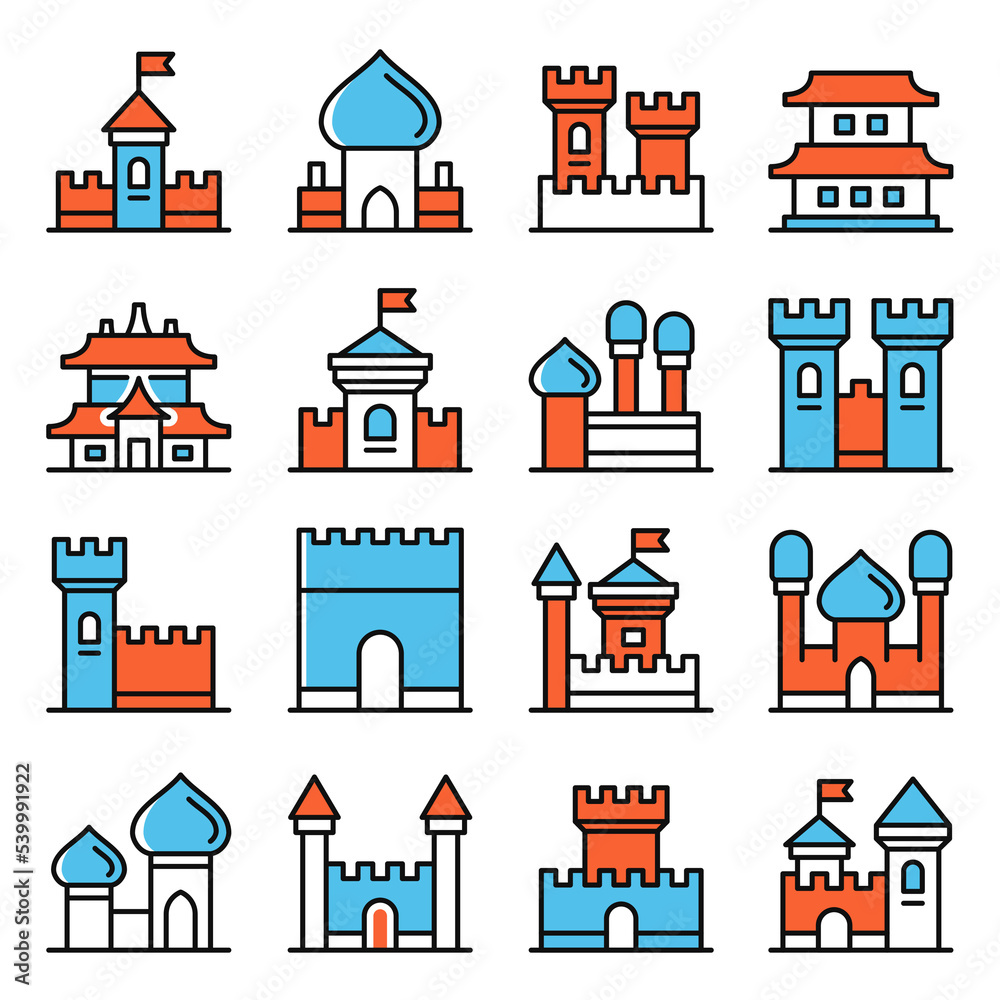 Fototapeta premium Castles Icons Set on White Background. Vector illustration