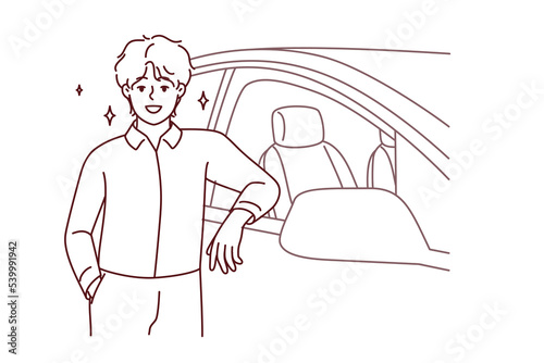 Smiling young man standing near new car in salon. Happy confident male buying automobile proud of purchase. Vector illustration. 