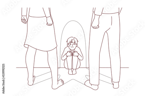 Terrified little boy child scared of aggressive violent parents. Upset crying small kid frightened of angry adults. Family fight and domestic violence. Vector illustration. 