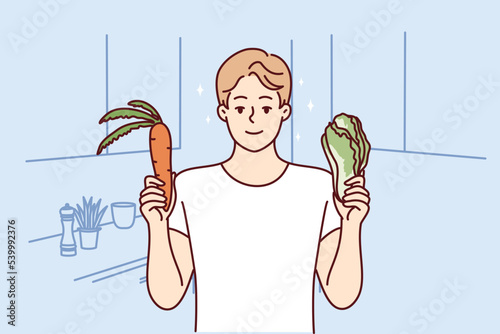 Smiling young man holding fresh organic vegetable follow diet. Happy guy choose natural products cooking in kitchen. Vegetarian concept. Vector illustration. 
