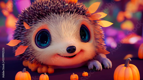 Halloween hedgehog smiling with pumpkins
