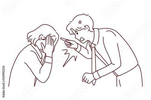 Furious businessman scolding stressed female employee at workplace. Angry male boss lecture scream at unhappy distressed woman worker. Vector illustration. 