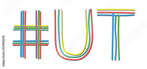 UT Hashtag. Isolate doodle lettering text from multi-colored curved neon lines like from a felt-tip pen, pensil. #UT is abbreviation for the US America state Utah for banner, social network, t-shirts