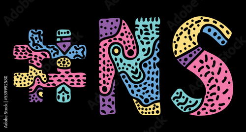 NS Hashtag. Multicolored bright isolate curves doodle letters. Hashtag #NS is abbreviation for the Canadian Nova Scotia for social network, Canada web resource, mobile apps.