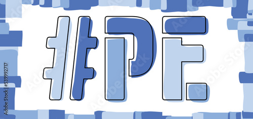 PE Hashtag. Isolate curves doodle letters. Blue colors. Hashtag #PE is abbreviation for the Canadian Prince Edward Island for social network, Canada web resource, mobile apps.