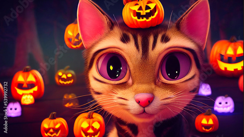 Halloween kitty smiling with pumpkins
