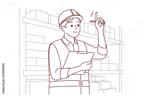 Man in uniform and helmet working in warehouse. Smiling male engineer or mechanic at storehouse or depot. Occupation and profession. Vector illustration. 