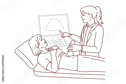 Doctor do belly ultrasound for woman lying on bed in hospital or clinic. Gynecologist or GP scan female patient abdomen. Healthcare and medicine. Vector illustration. 