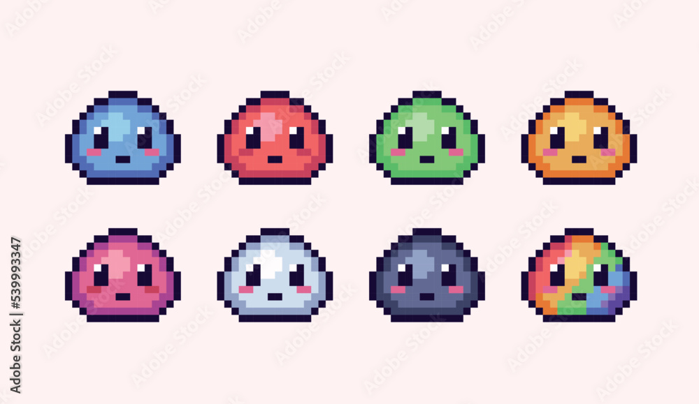 Monster slime pixel art set. Cute colorful blob with eyes collection.  Kawaii Ooze 8 bit sprite. Game development, mobile app. Isolated vector  illustration. Stock Vector