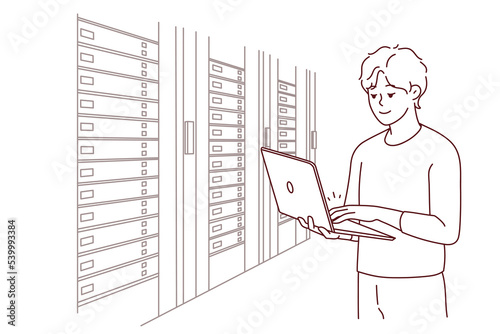 Male engineer with laptop standing near server room with computers. Man IT specialist working in data center near server racks. Vector illustration. 