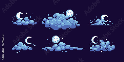 Night sky with Fluffy clouds pixel art icon set. Smoke or fog with stars, sky elements logo collection. 8-bit sprite. Game development, mobile app. Isolated vector illustration.