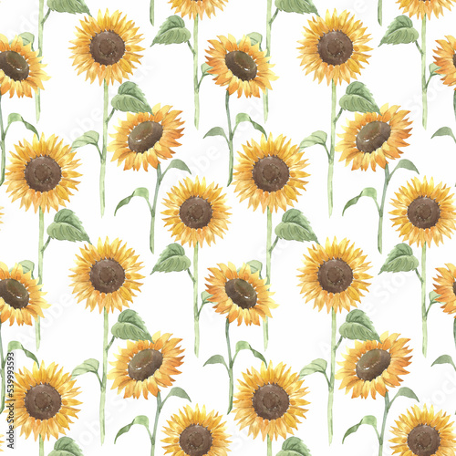 Beautiful floral seamless pattern with watercolor hand drawn yellow sunflowers. Stock illustration.