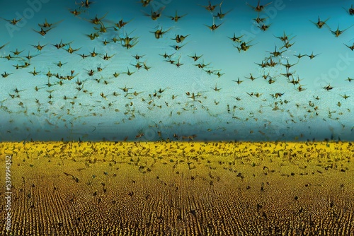 Swarm of locust over field. 