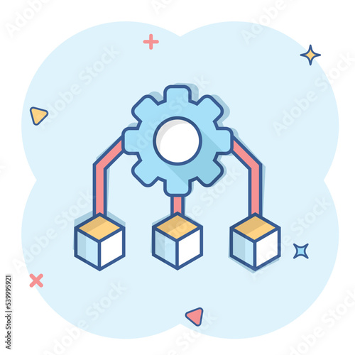 Api technology icon in comic style. Algorithm cartoon vector illustration on white isolated background. Gear with arrow splash effect business concept. photo