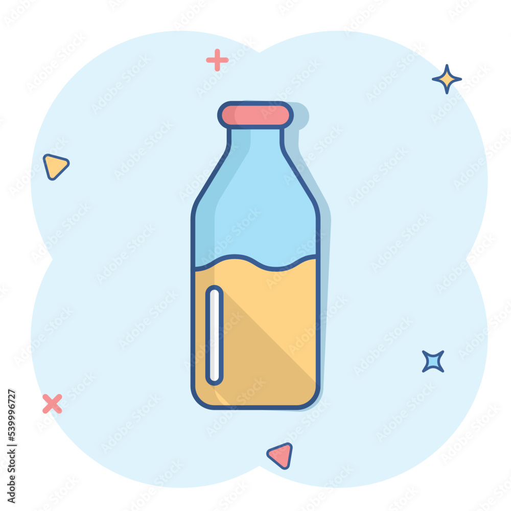 Bottle milk icon in comic style. Flask cartoon vector illustration on white isolated background. Drink container splash effect business concept. Bottle milk icon in comic style. Flask cartoon vector illustration on white isolated background. Drink container splash effect business concept.