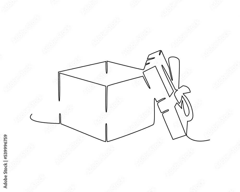 Christmas gift box with ribbon and bow. A continuous line vector illustration. Packaged surprise package
