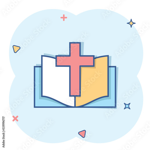 Bible book icon in comic style. Church faith cartoon vector illustration on white isolated background. Spirituality splash effect business concept.