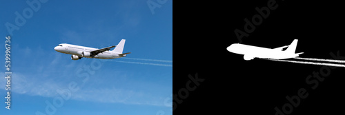 Airplane flying with trail of smoke from engines over sky, with clipping mask and path
