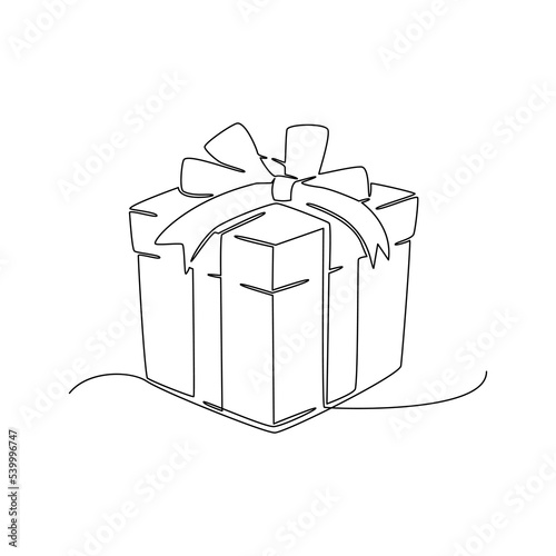 Christmas gift box with ribbon and bow. A continuous line vector illustration. Packaged surprise package