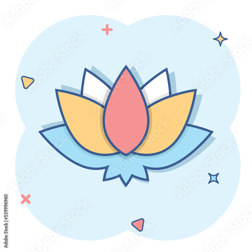 Lotus icon in comic style. Flower leaf cartoon vector illustration on white isolated background. Blossom plant splash effect business concept.