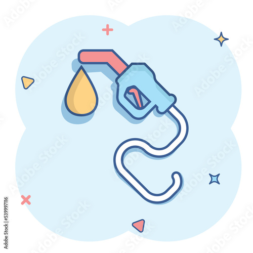Fuel pump icon in comic style. Gas station cartoon sign vector illustration on white isolated background. Petrol splash effect business concept.