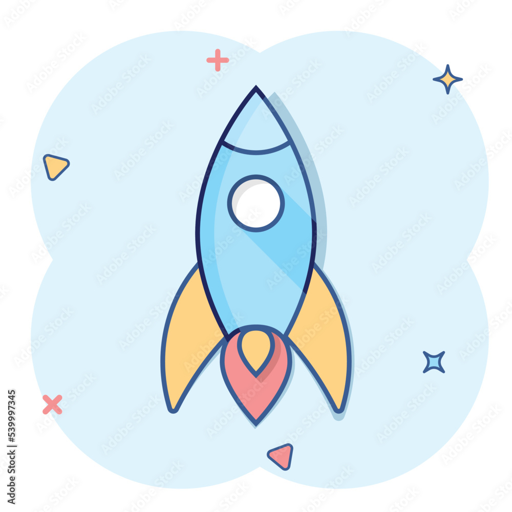 Rocket icon in comic style. Spaceship launch cartoon vector illustration on white isolated background. Sputnik splash effect business concept. Rocket icon in comic style. Spaceship launch cartoon vector illustration on white isolated background. Sputnik splash effect business concept.