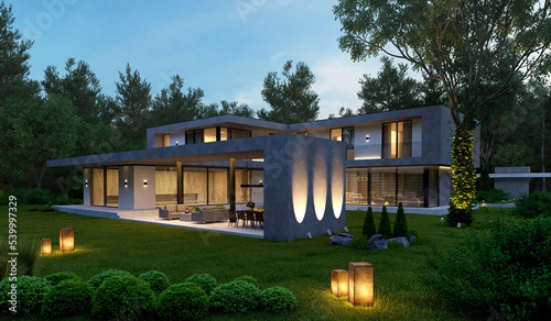 3D visualization of a modern villa with a unique facade. House with patio and bonfire area. luxury architecture © House