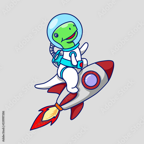 Dinosaur astronaut flying to the space riding red rocket photo