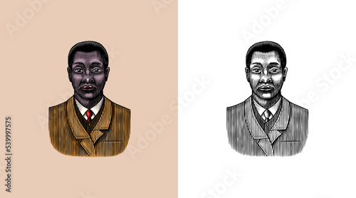 Elegant man. Male face. Afro American gentlemen. Victorian era. Fashion and clothes. Businessman in suit. Hand drawn Old sketch. Vintage engraved illustration. 