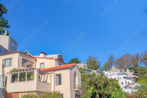 Side view of large mediterranean residential buildings on a slope at San Francisco, California