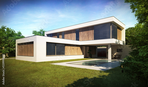 3D visualization of a modern house with a terrace and a swimming pool. Modern architecture. © House