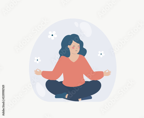 Meditating woman not get distracted by life's problems. Calm female in lotus pose practices yoga inside a protective bubble. Mindfulness, zen, guided meditation, harmony concept. Vector illustration.