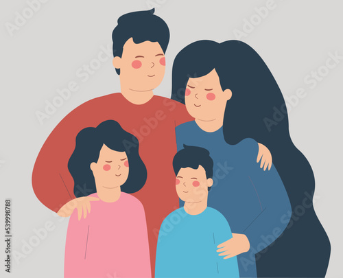 Portrait of father and mother hug their children with love. Couple or parents embrace their kids with care. Successful marriage, Happy family and positive parenting concept. Vector illustration