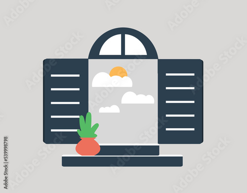 Illustration of an open window in a sunny day with clouds and blue sky outside. Flat design of a window view. Positive energy, optimism, hope and peace concept.